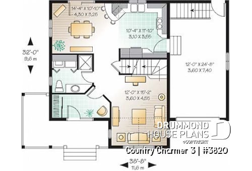 1st level - Simple and economical Country house plan, with covered porch and 3 bedrooms - Country Charmer 3