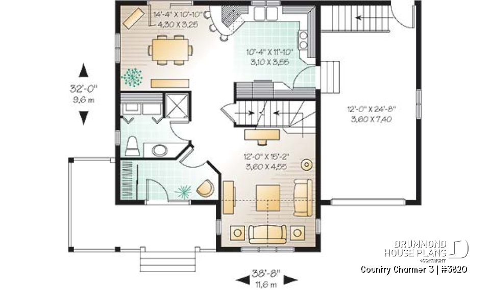 1st level - Simple and economical Country house plan, with covered porch and 3 bedrooms - Country Charmer 3
