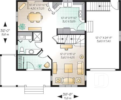 1st level - Simple and economical Country house plan, with covered porch and 3 bedrooms - Country Charmer 3