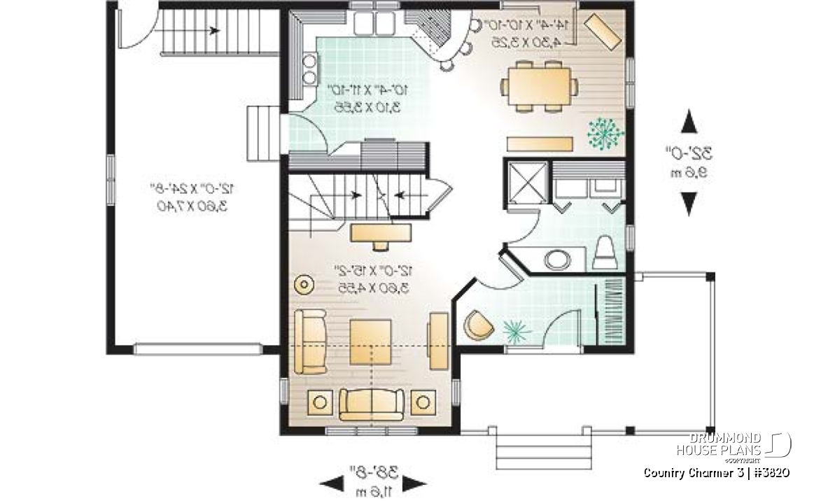 1st level - Simple and economical Country house plan, with covered porch and 3 bedrooms - Country Charmer 3