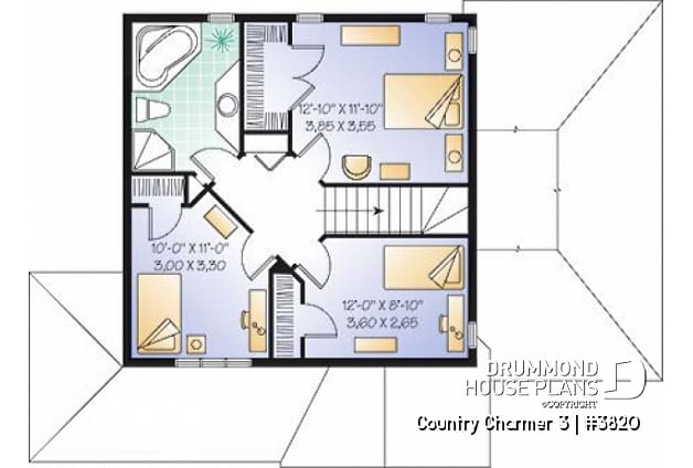 2nd level - Simple and economical Country house plan, with covered porch and 3 bedrooms - Country Charmer 3