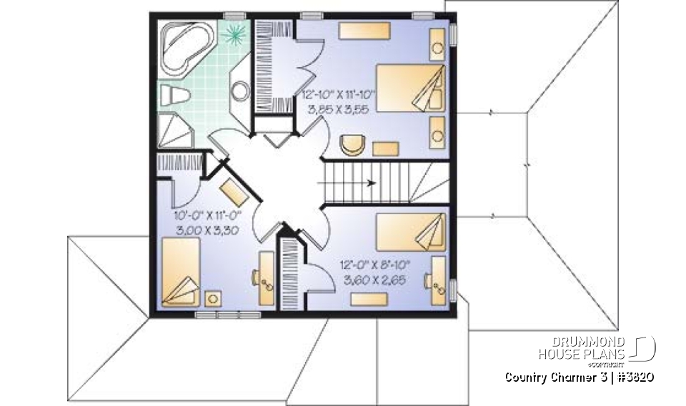 2nd level - Simple and economical Country house plan, with covered porch and 3 bedrooms - Country Charmer 3