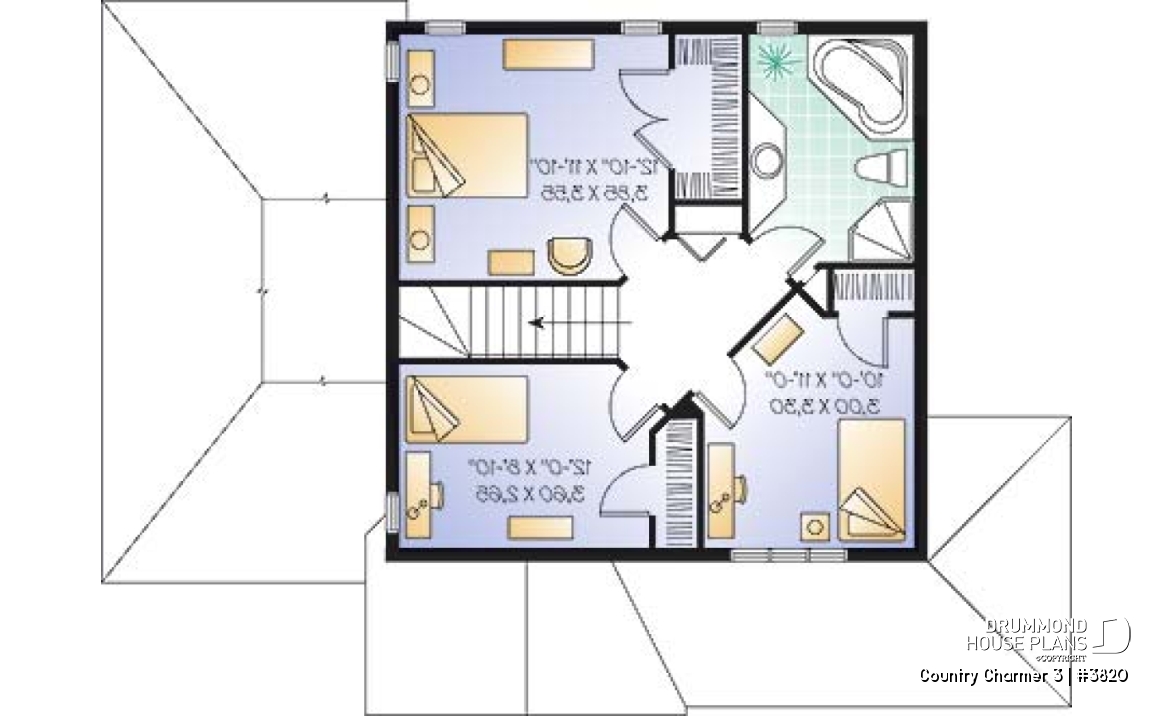 2nd level - Simple and economical Country house plan, with covered porch and 3 bedrooms - Country Charmer 3