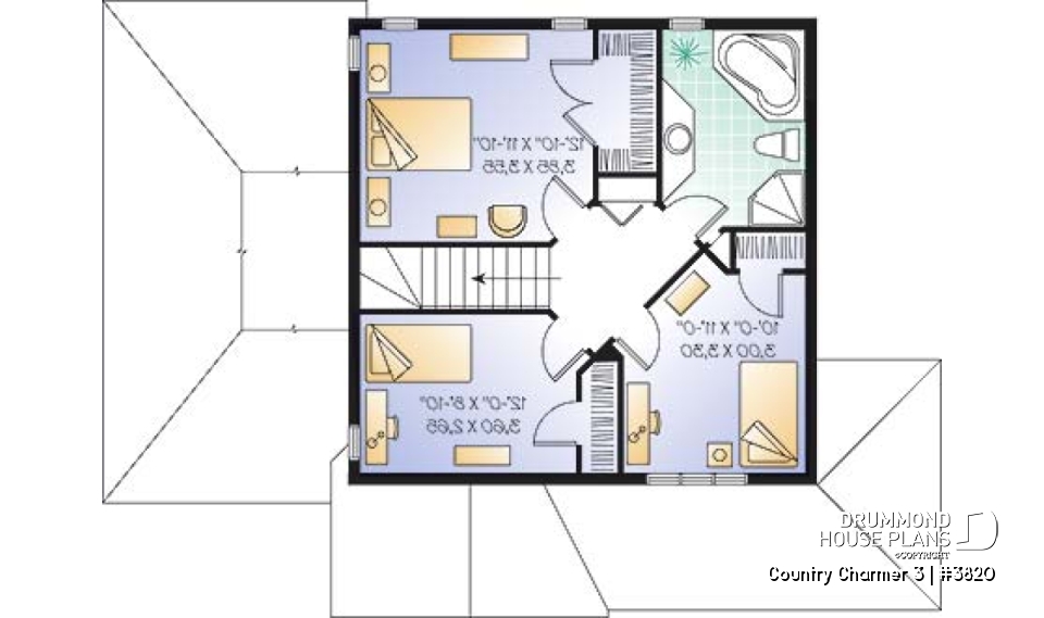 2nd level - Simple and economical Country house plan, with covered porch and 3 bedrooms - Country Charmer 3