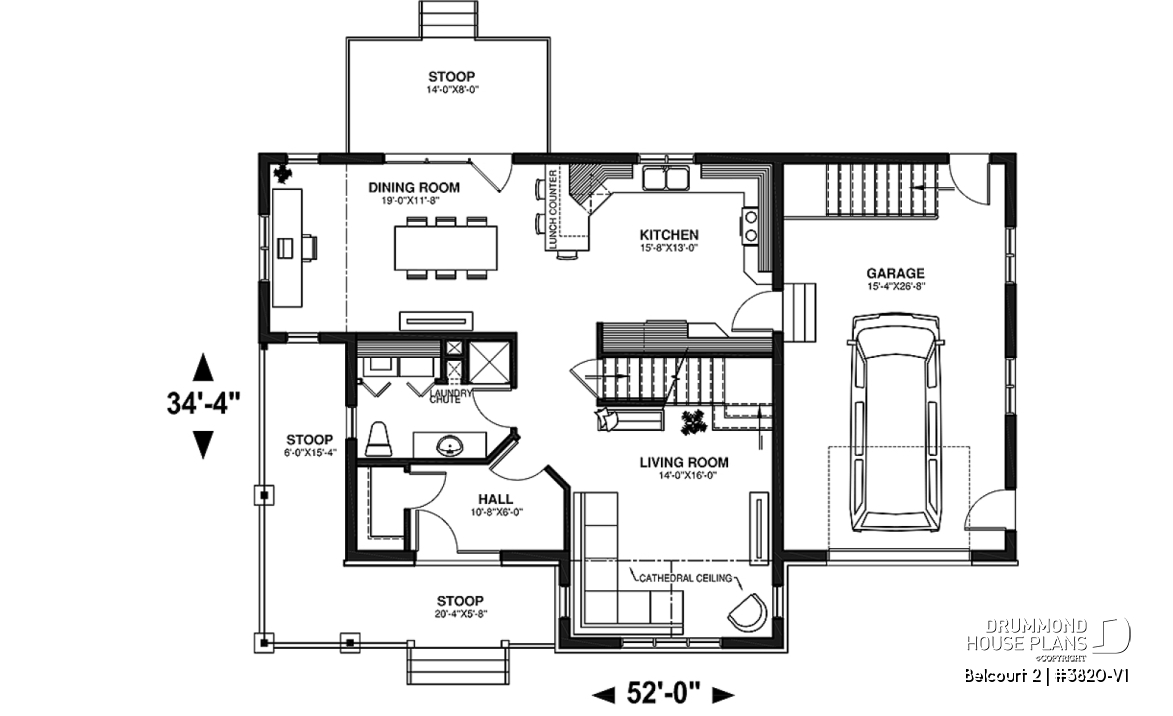 1st level - Farmhouse style houseplan, affordable construction, 3 bedrooms, garage, covered balcony - Belcourt 2