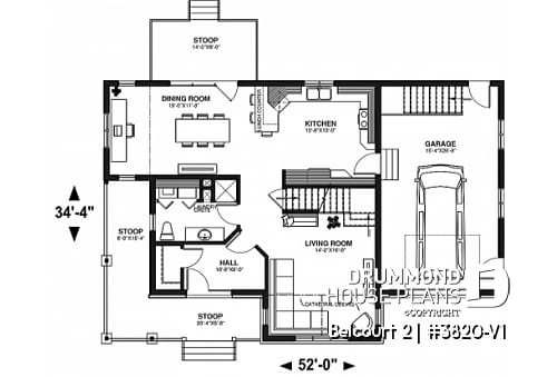 1st level - Farmhouse style houseplan, affordable construction, 3 bedrooms, garage, covered balcony - Belcourt 2