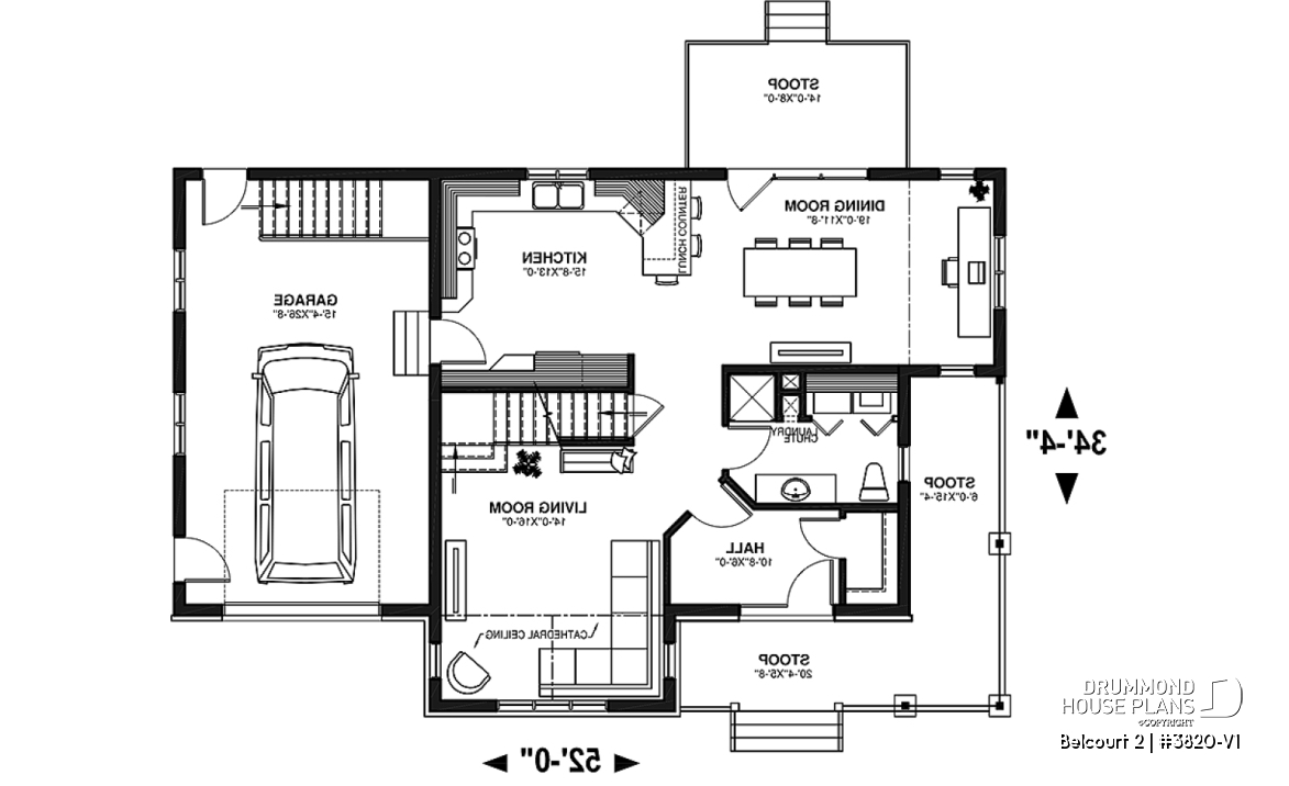 1st level - Farmhouse style houseplan, affordable construction, 3 bedrooms, garage, covered balcony - Belcourt 2