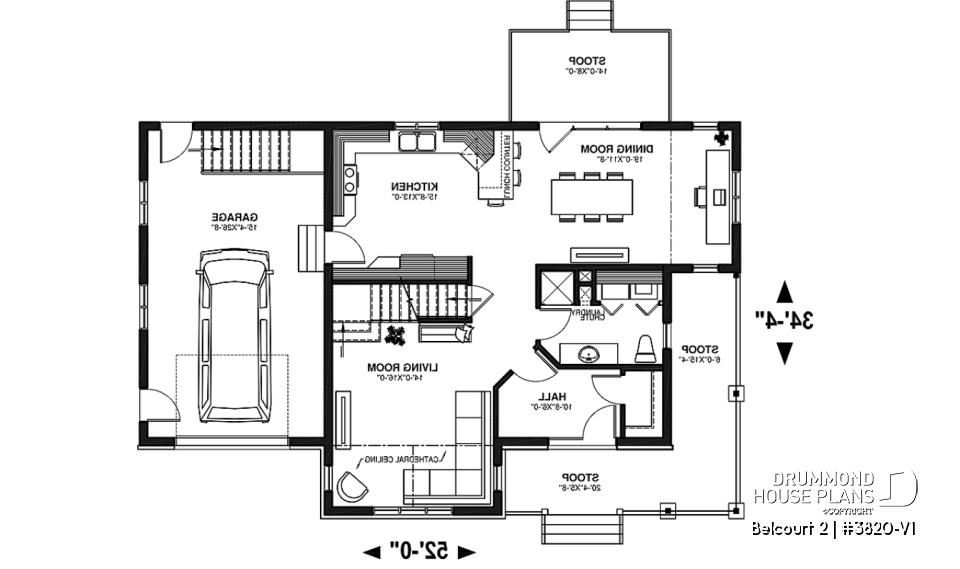 1st level - Farmhouse style houseplan, affordable construction, 3 bedrooms, garage, covered balcony - Belcourt 2