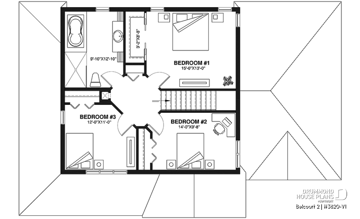 2nd level - Farmhouse style houseplan, affordable construction, 3 bedrooms, garage, covered balcony - Belcourt 2