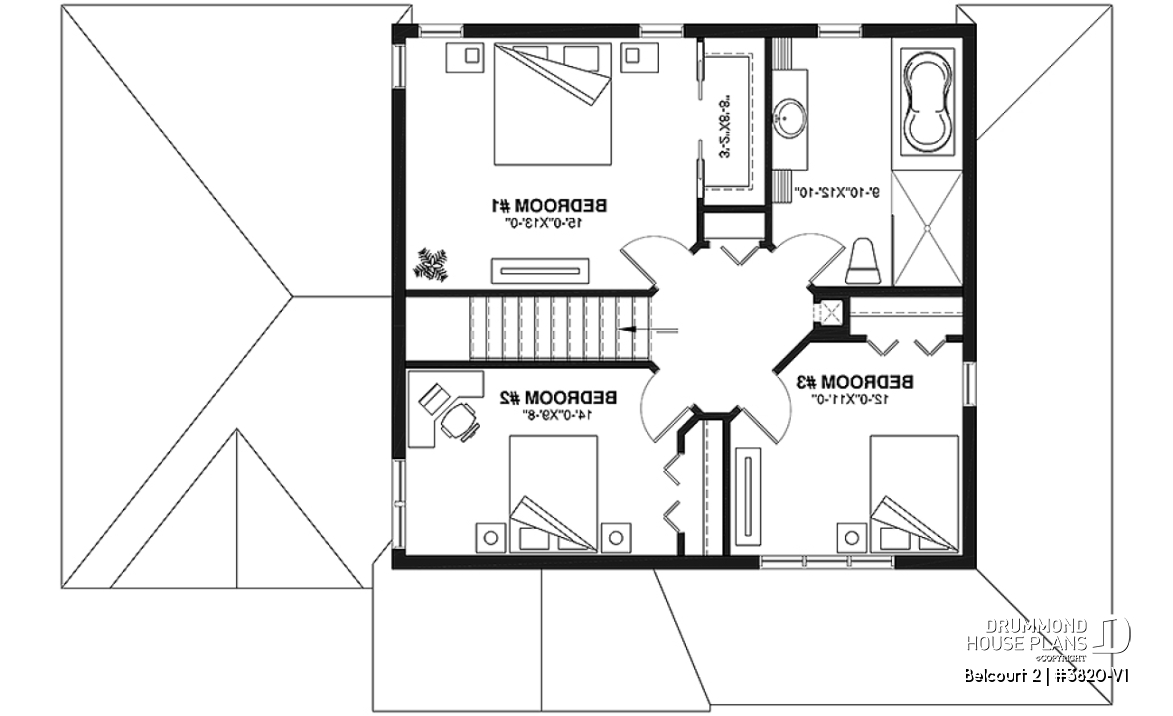 2nd level - Farmhouse style houseplan, affordable construction, 3 bedrooms, garage, covered balcony - Belcourt 2