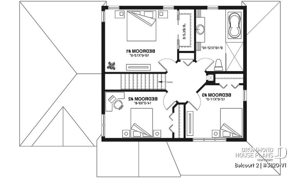 2nd level - Farmhouse style houseplan, affordable construction, 3 bedrooms, garage, covered balcony - Belcourt 2