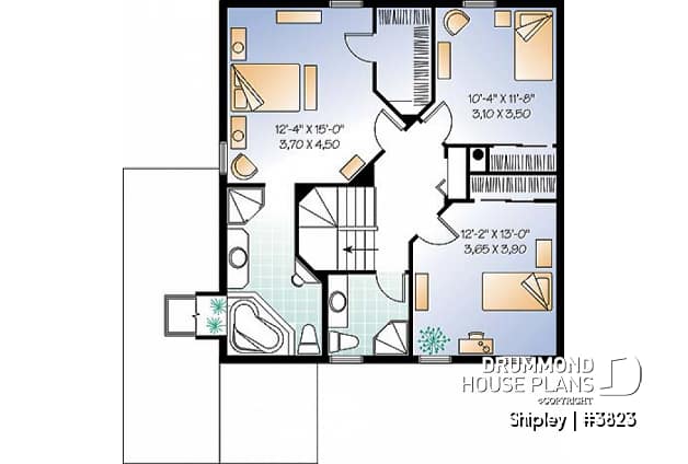 2nd level - Beautiful american house plan, 3 bedrooms, see-thru fireplace, great master suite, kitchen with pantry - Shipley