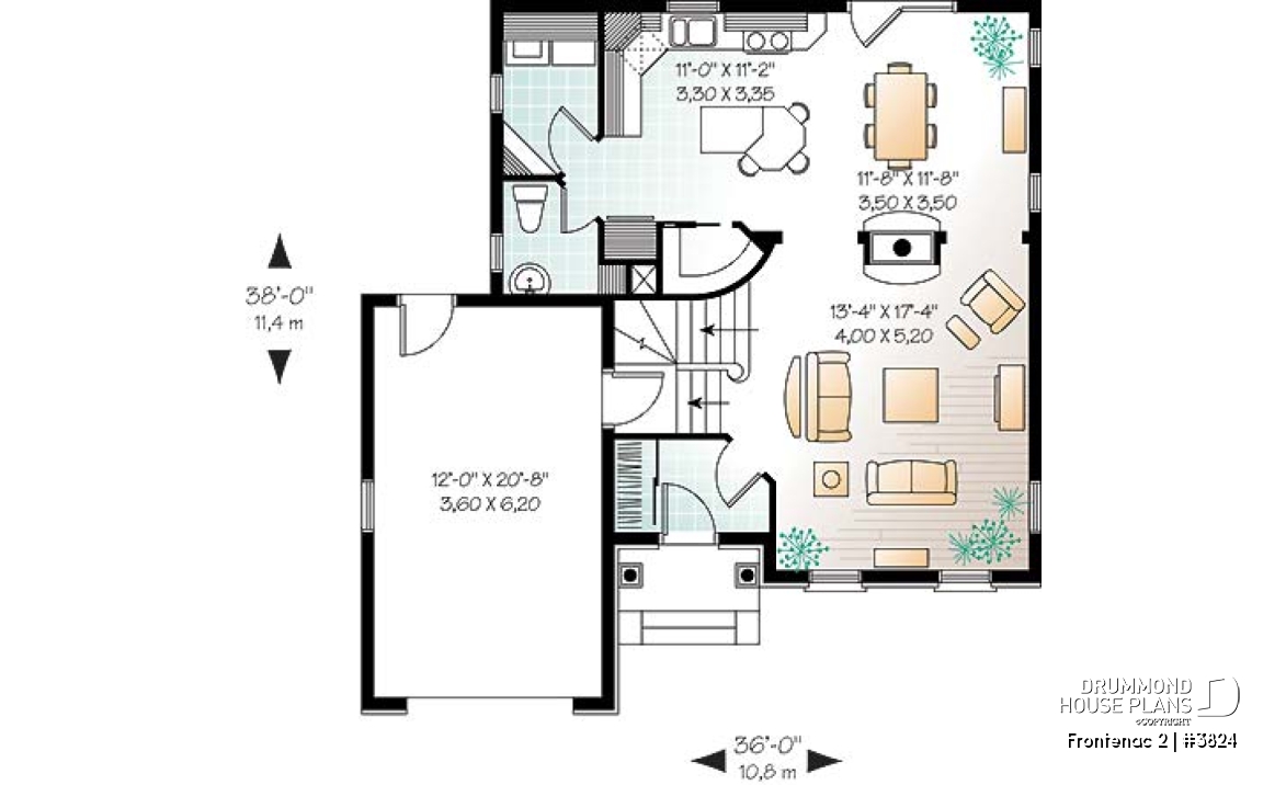 1st level - 2-story house plan with garage, master suite, 3 beds 2 baths, large family room, two-sided fireplace - Frontenac 2