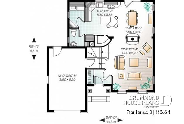 1st level - 2-story house plan with garage, master suite, 3 beds 2 baths, large family room, two-sided fireplace - Frontenac 2