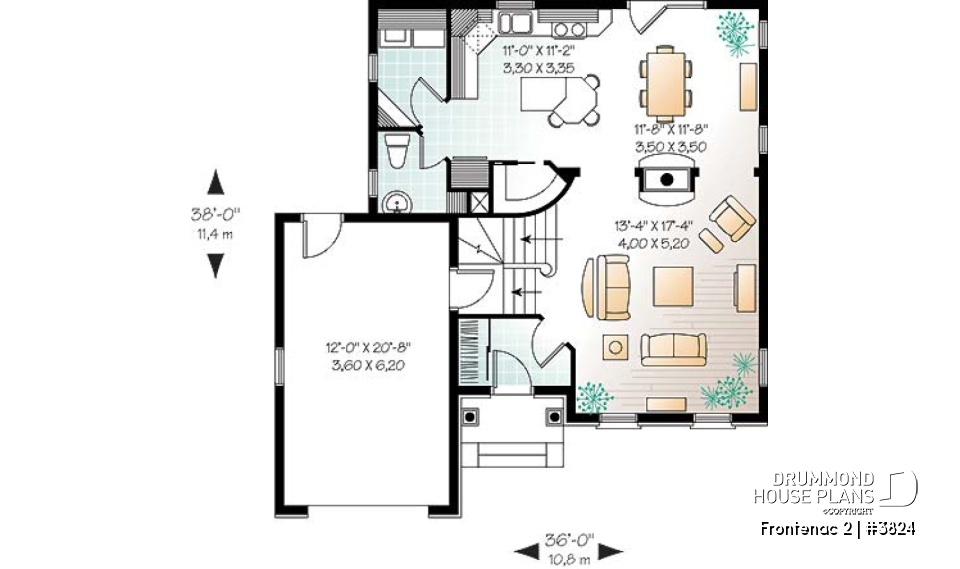 1st level - 2-story house plan with garage, master suite, 3 beds 2 baths, large family room, two-sided fireplace - Frontenac 2