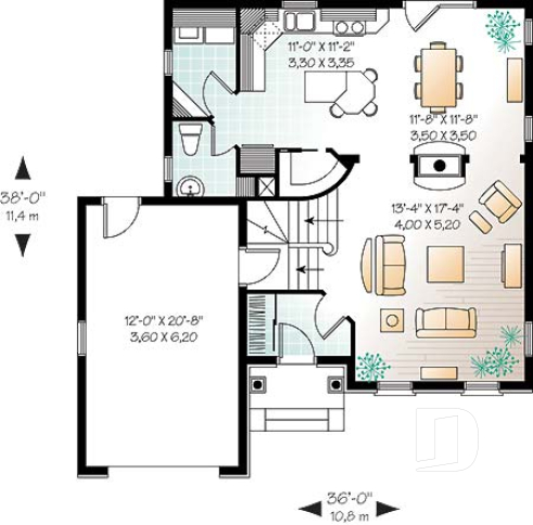 1st level - 2-story house plan with garage, master suite, 3 beds 2 baths, large family room, two-sided fireplace - Frontenac 2