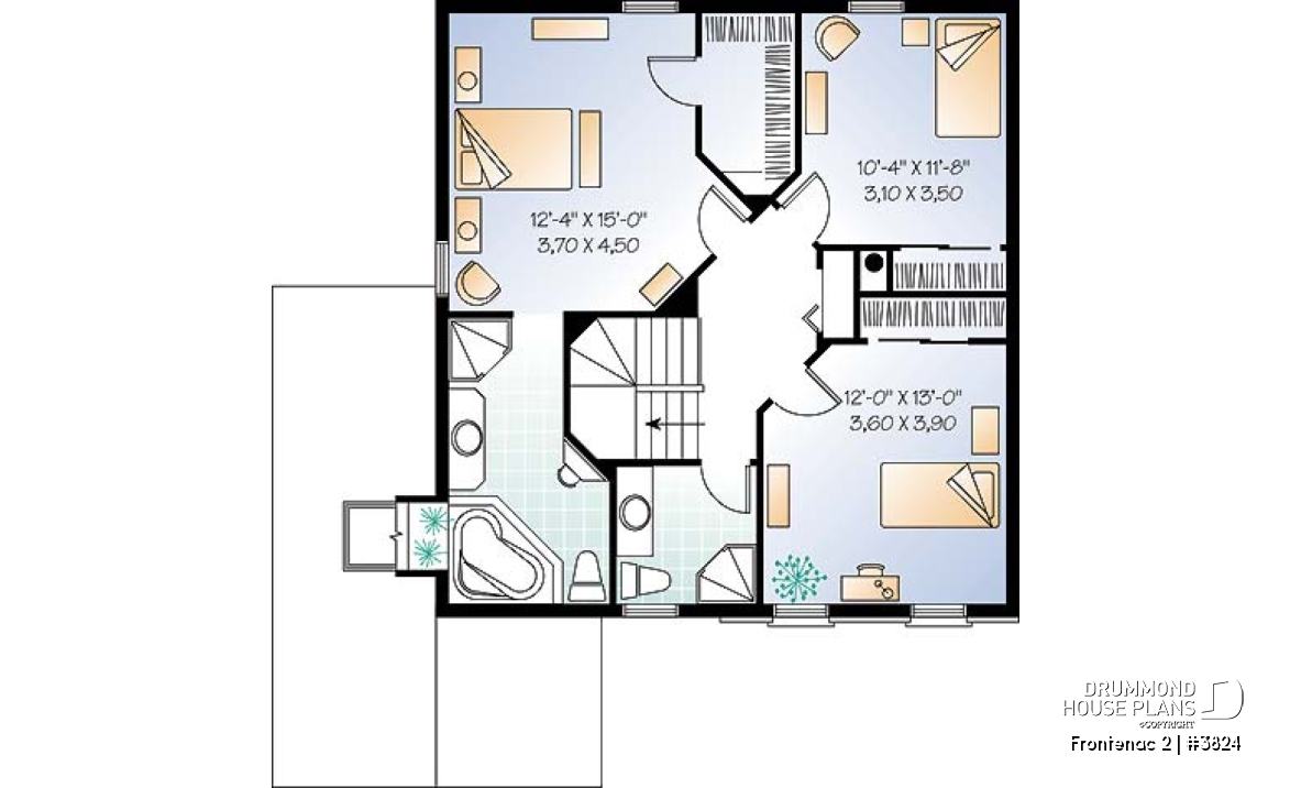2nd level - 2-story house plan with garage, master suite, 3 beds 2 baths, large family room, two-sided fireplace - Frontenac 2