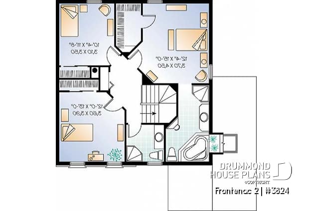 2nd level - 2-story house plan with garage, master suite, 3 beds 2 baths, large family room, two-sided fireplace - Frontenac 2
