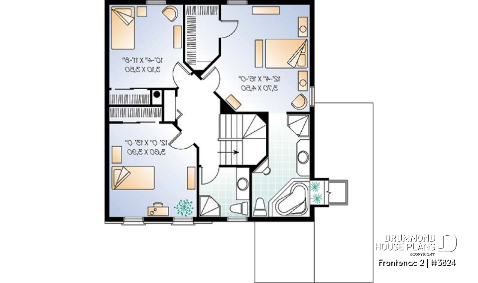2nd level - 2-story house plan with garage, master suite, 3 beds 2 baths, large family room, two-sided fireplace - Frontenac 2