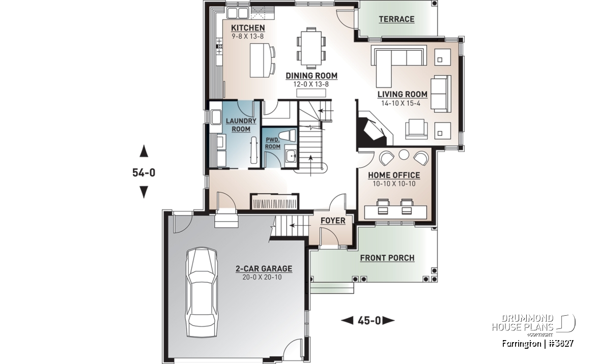 1st level - Luxury Traditional house plan, 4 bedrooms + bonus space, home office, corner fireplace, pantry, 2-car garage - Farrington