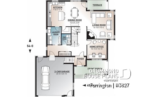 1st level - Luxury Traditional house plan, 4 bedrooms + bonus space, home office, corner fireplace, pantry, 2-car garage - Farrington