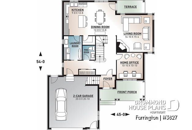 1st level - Luxury Traditional house plan, 4 bedrooms + bonus space, home office, corner fireplace, pantry, 2-car garage - Farrington
