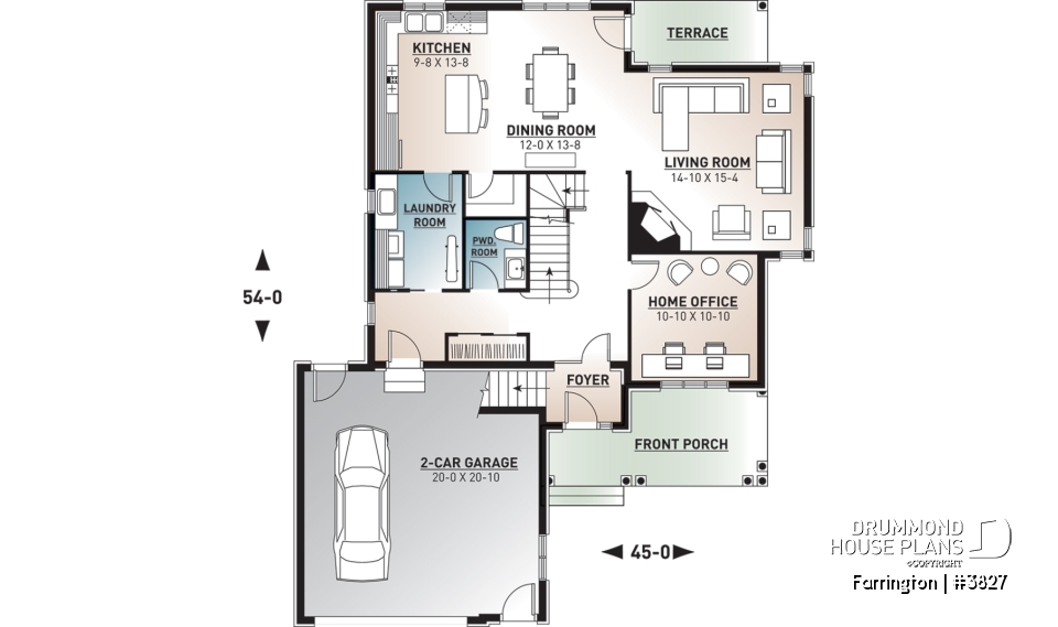 1st level - Luxury Traditional house plan, 4 bedrooms + bonus space, home office, corner fireplace, pantry, 2-car garage - Farrington