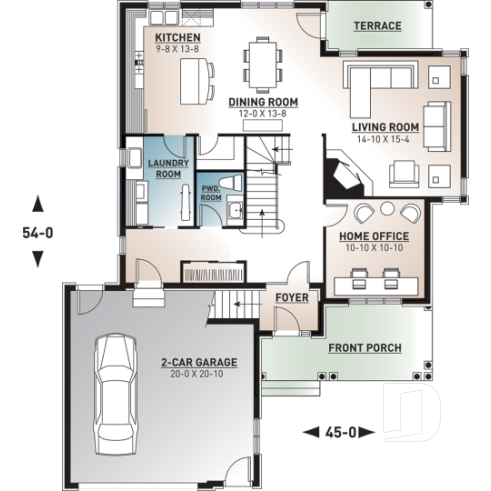1st level - Luxury Traditional house plan, 4 bedrooms + bonus space, home office, corner fireplace, pantry, 2-car garage - Farrington