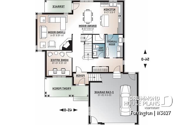 1st level - Luxury Traditional house plan, 4 to 5 bedrooms, home office, corner fireplace, pantry, 2-car garage - Farrington
