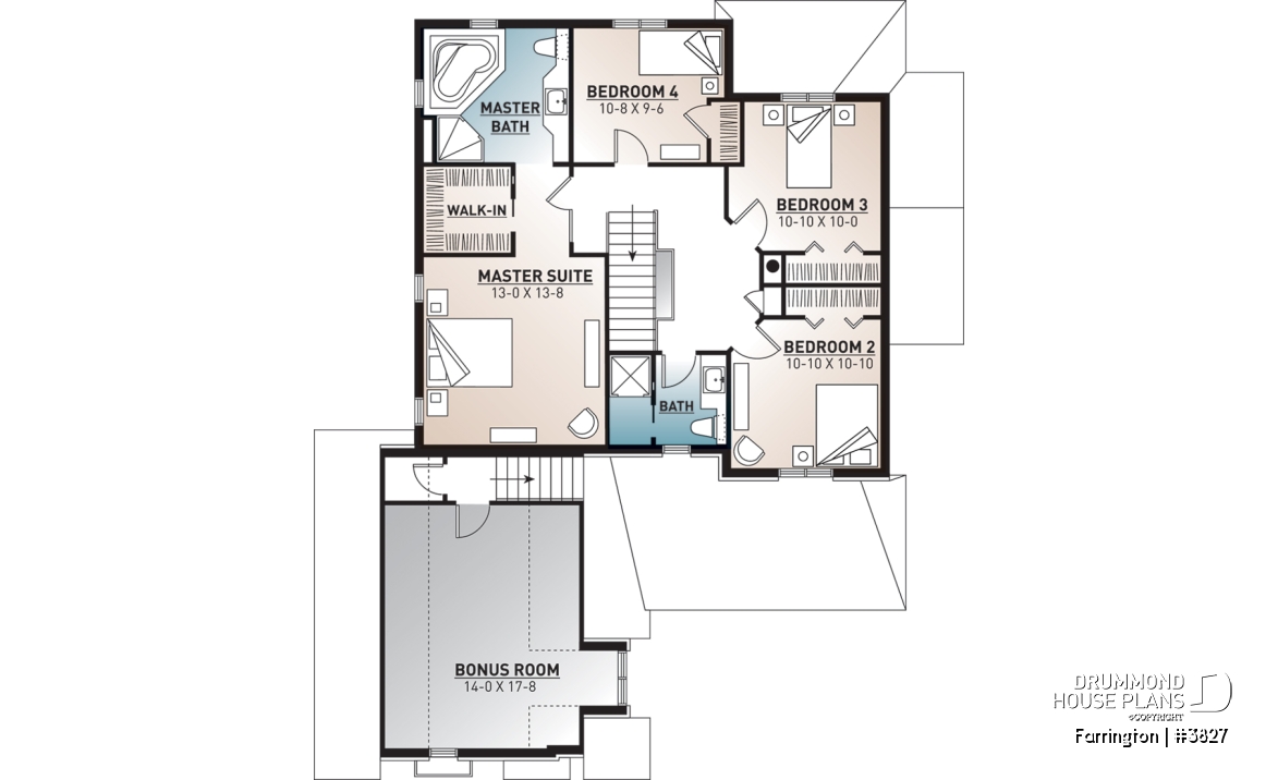 2nd level - Luxury Traditional house plan, 4 bedrooms + bonus space, home office, corner fireplace, pantry, 2-car garage - Farrington