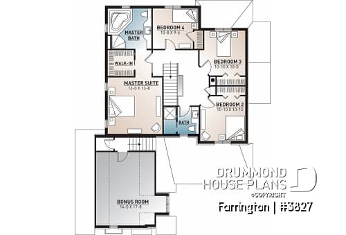 2nd level - Luxury Traditional house plan, 4 bedrooms + bonus space, home office, corner fireplace, pantry, 2-car garage - Farrington