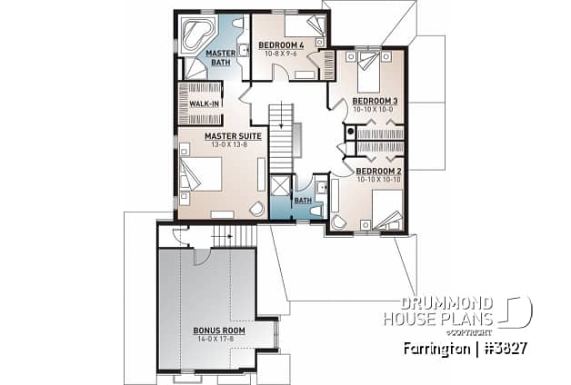 2nd level - Luxury Traditional house plan, 4 to 5 bedrooms, home office, corner fireplace, pantry, 2-car garage - Farrington