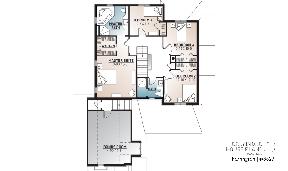 2nd level - Luxury Traditional house plan, 4 bedrooms + bonus space, home office, corner fireplace, pantry, 2-car garage - Farrington