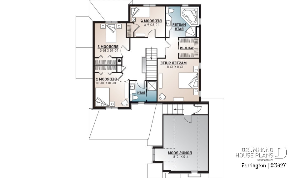 2nd level - Luxury Traditional house plan, 4 bedrooms + bonus space, home office, corner fireplace, pantry, 2-car garage - Farrington