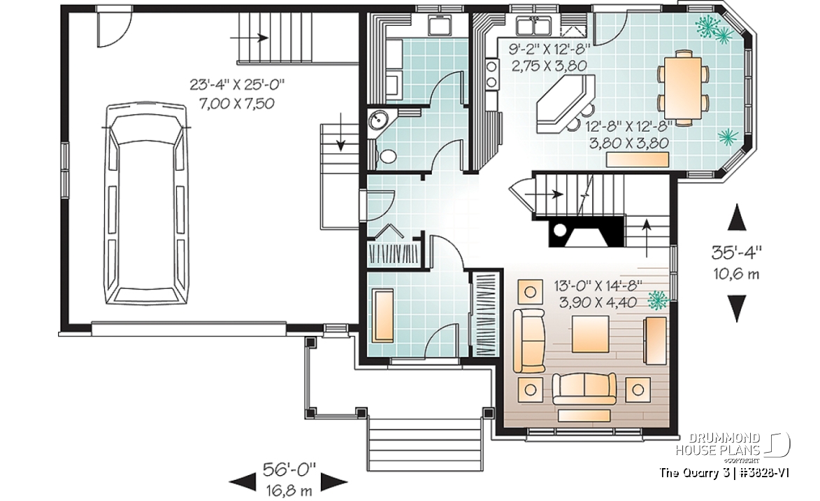 1st level - Tudor style house plan with 4 bedrooms, seperated master bedroom with tub, 2-car garage - The Quarry 3