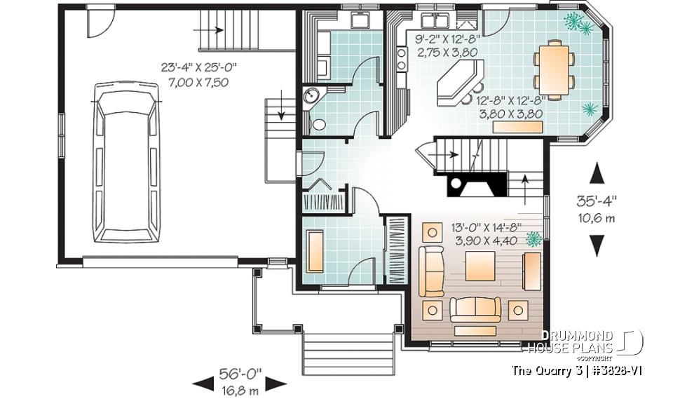 1st level - Tudor style house plan with 4 bedrooms, seperated master bedroom with tub, 2-car garage - The Quarry 3