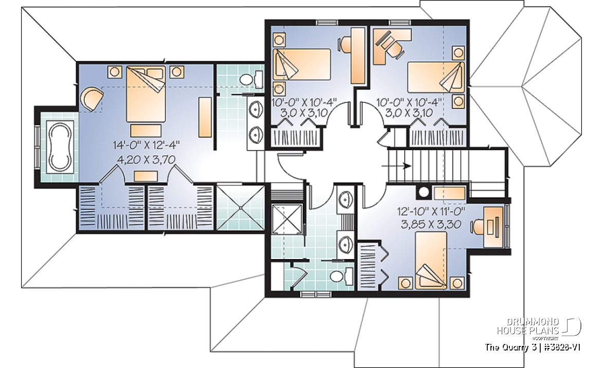 2nd level - Tudor style house plan with 4 bedrooms, seperated master bedroom with tub, 2-car garage - The Quarry 3