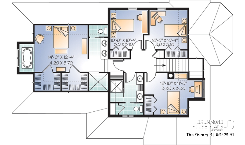 2nd level - Tudor style house plan with 4 bedrooms, seperated master bedroom with tub, 2-car garage - The Quarry 3