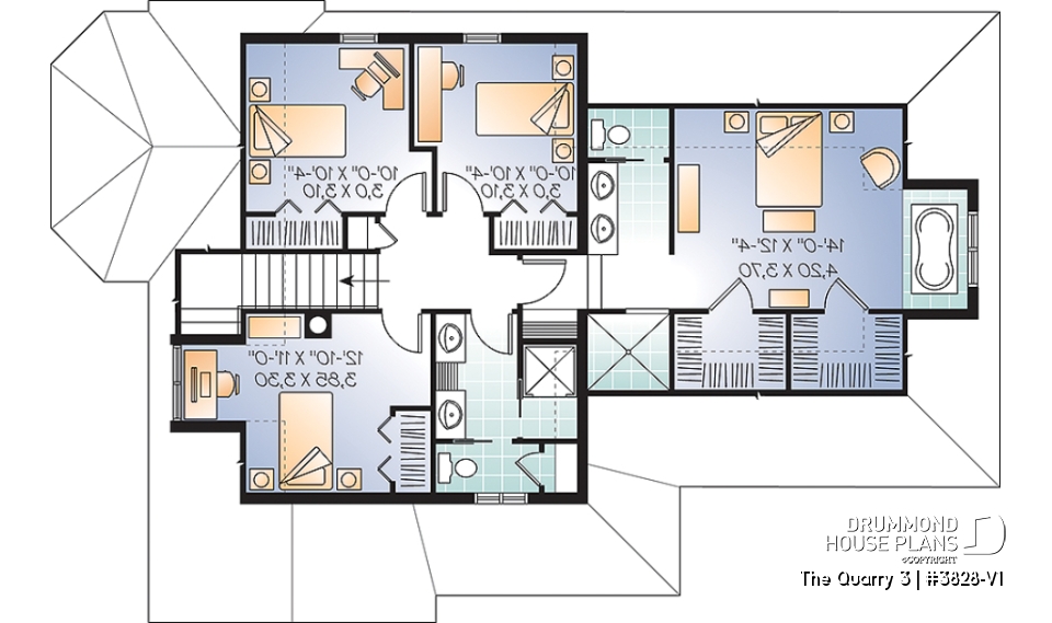 2nd level - Tudor style house plan with 4 bedrooms, seperated master bedroom with tub, 2-car garage - The Quarry 3