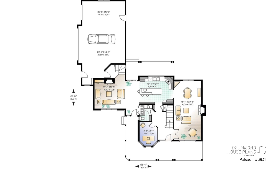 1st level - Farmhouse style home plan, 9' ceiling, large bonus area, 3-car garage, 3 bedrooms, 9' ceiling on main floor - Pelusa
