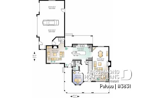 1st level - Farmhouse style home plan, 9' ceiling, large bonus area, 3-car garage, 3 bedrooms, 9' ceiling on main floor - Pelusa