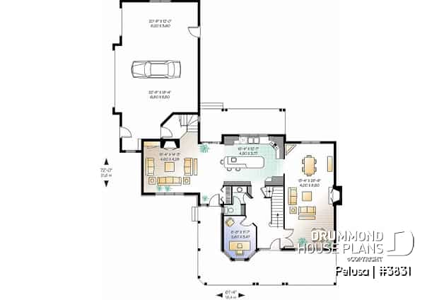 1st level - Farmhouse style home plan, 9' ceiling, large bonus area, 3-car garage, 3 bedrooms, 9' ceiling on main floor - Pelusa