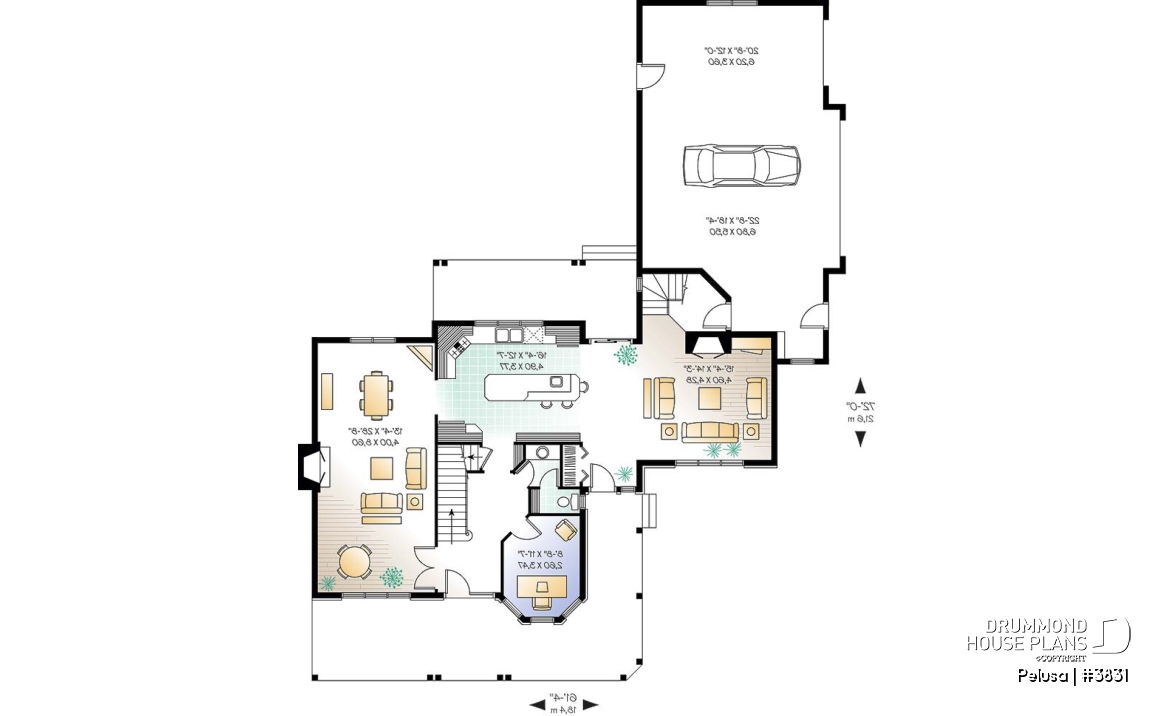 1st level - Farmhouse style home plan, 9' ceiling, large bonus area, 3-car garage, 3 bedrooms, 9' ceiling on main floor - Pelusa