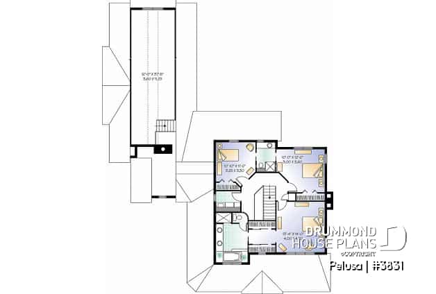2nd level - Farmhouse style home plan, 9' ceiling, large bonus area, 3-car garage, 3 bedrooms, 9' ceiling on main floor - Pelusa