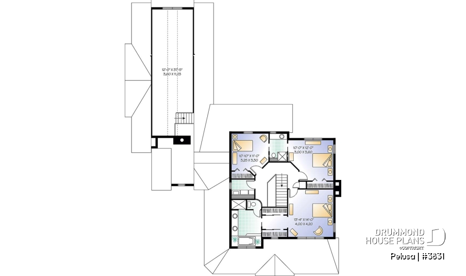 2nd level - Farmhouse style home plan, 9' ceiling, large bonus area, 3-car garage, 3 bedrooms, 9' ceiling on main floor - Pelusa
