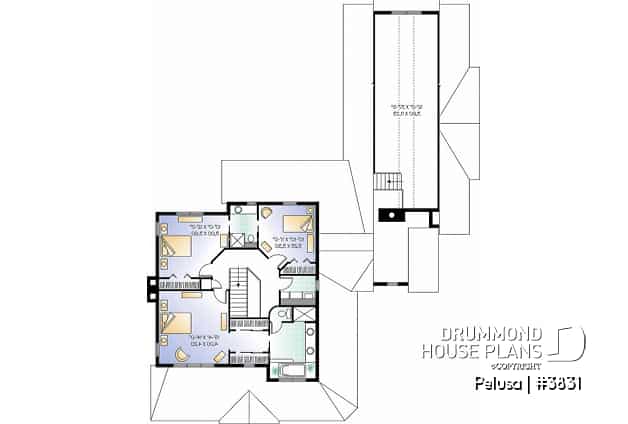 2nd level - Farmhouse style home plan, 9' ceiling, large bonus area, 3-car garage, 3 bedrooms, 9' ceiling on main floor - Pelusa