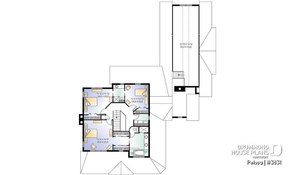 2nd level - Farmhouse style home plan, 9' ceiling, large bonus area, 3-car garage, 3 bedrooms, 9' ceiling on main floor - Pelusa