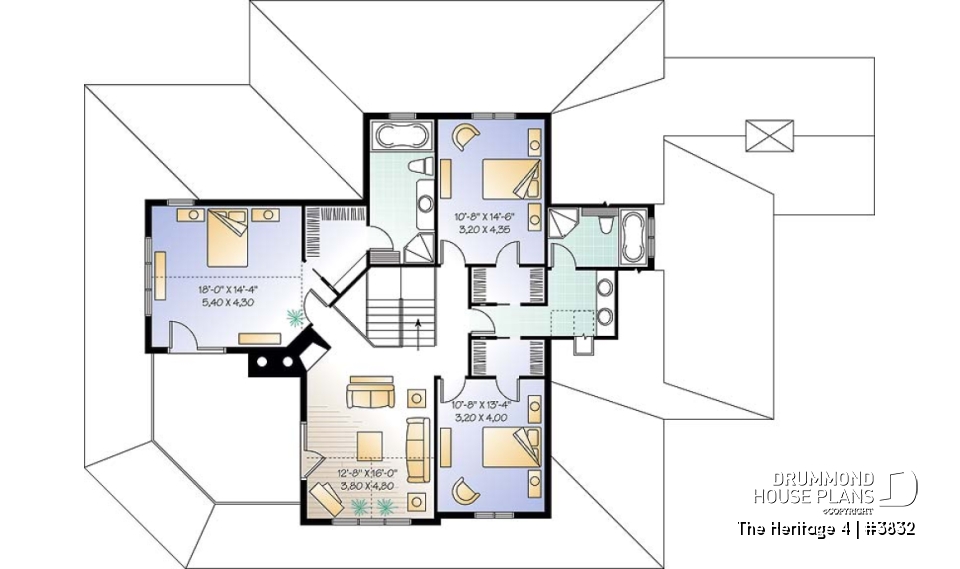 2nd level - Beautiful Country Home Plan with 2 Master Suites, Wraparound Terrace, 2 Fireplaces - The Heritage 4