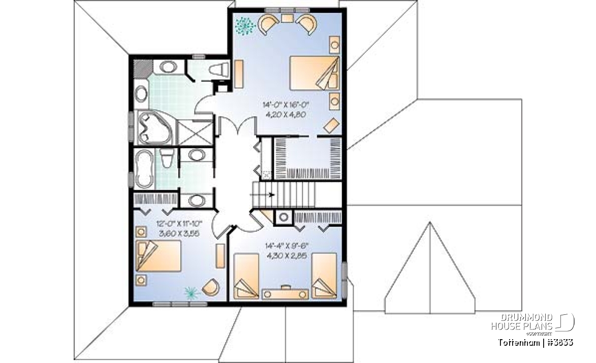 2nd level - 3 bedroom 3 bathroom house plan, large master suite, 2-car side-entry garage, large laundry room - Tottenham