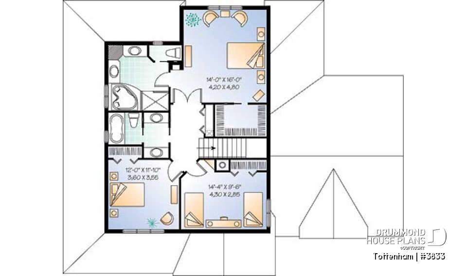 2nd level - 3 bedroom 3 bathroom house plan, large master suite, 2-car side-entry garage, large laundry room - Tottenham